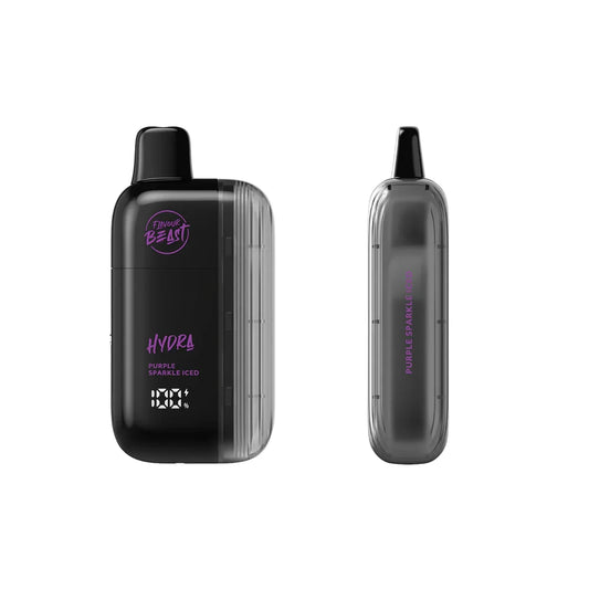 Two views of a black Flavour Beast Hydra disposable vape in the Purple Sparkle Iced flavor, featuring a digital battery and liquid level display on the front and a translucent ribbed side panel.