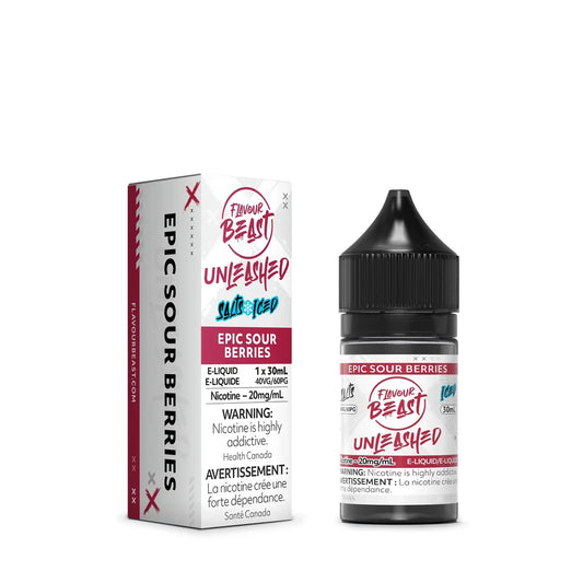 A 30mL bottle and matching box of Flavour Beast Unleashed Epic Sour Berries Iced nicotine salts e-liquid featuring white and maroon packaging with bold black text.