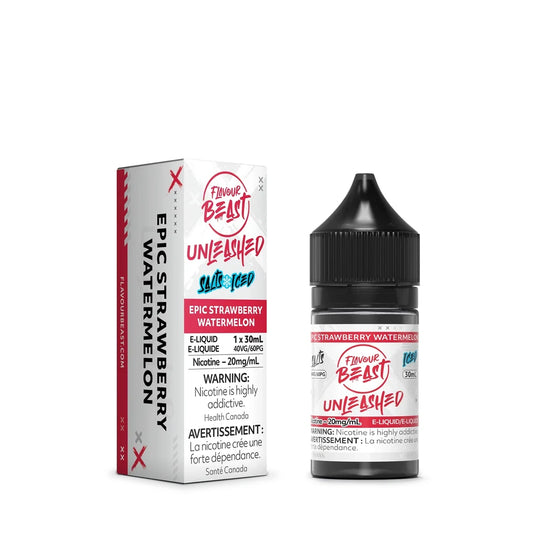 A 30mL bottle and cardboard box of Flavour Beast Unleashed Epic Strawberry Watermelon Iced nicotine salts e-liquid featuring red and black branding on a white background.
