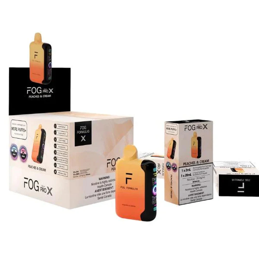 A Fog Formulas Series Pro X Peaches & Cream disposable vape device with orange-to-yellow gradient casing and black trim, displayed alongside its matching retail box and bulk display packaging.