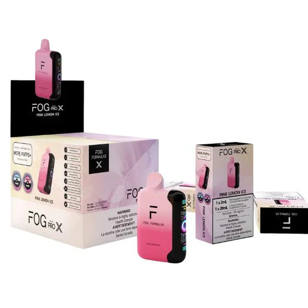 Fog Formulas Series Pro X Pink Lemon Ice disposable vape shown with its pink and black gradient device, individual retail box, and larger display carton against a white background.
