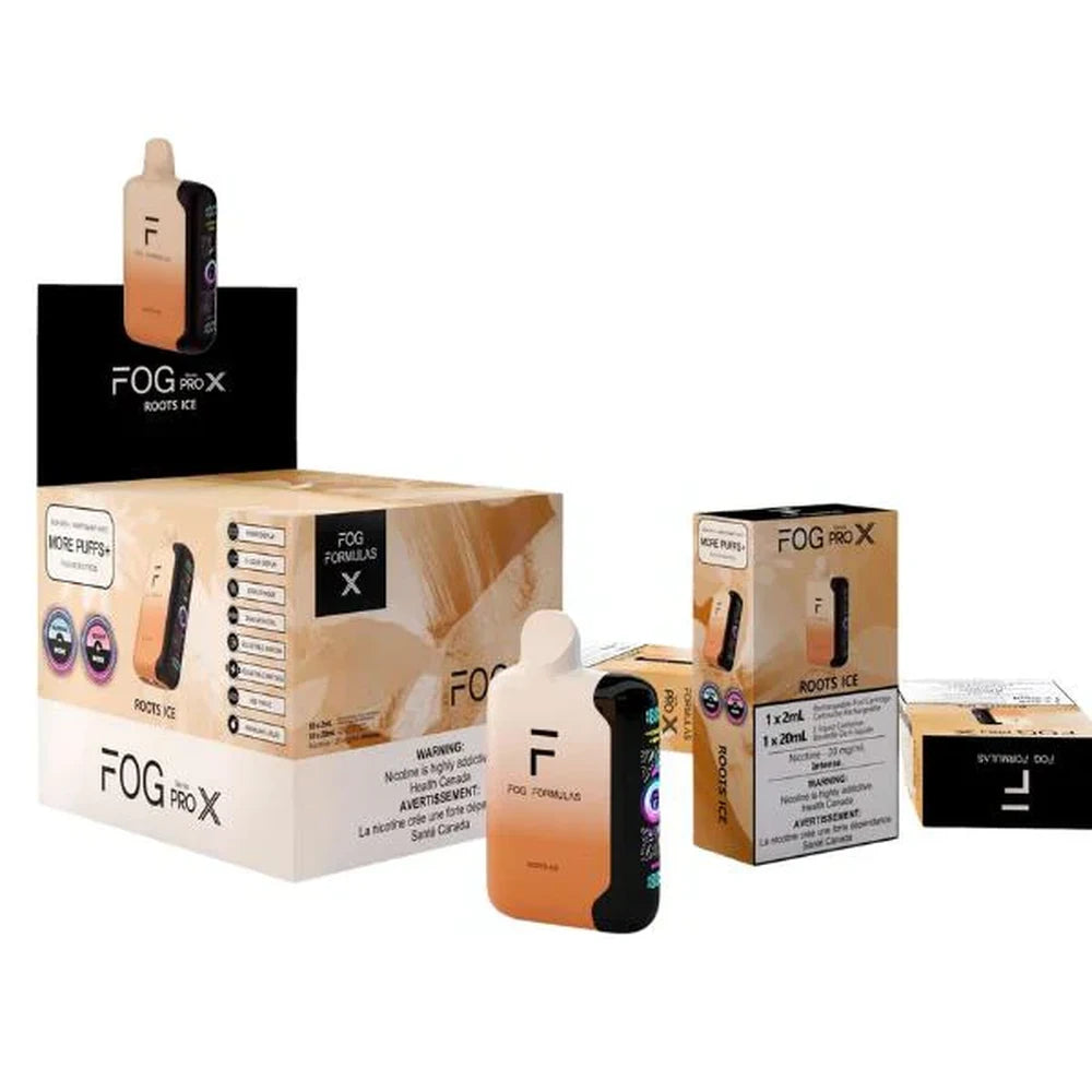 Fog Formulas Series Pro X Roots Ice disposable vape devices and retail packaging featuring a tan and black gradient design with integrated digital displays.