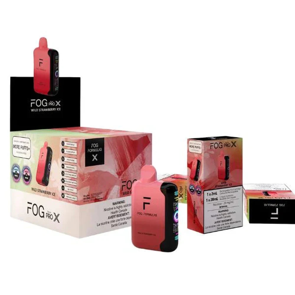 Fog Formulas Series Pro X Wild Strawberry Ice disposable vape shown with its pink and black gradient device, individual retail box, and larger display carton on a white background.