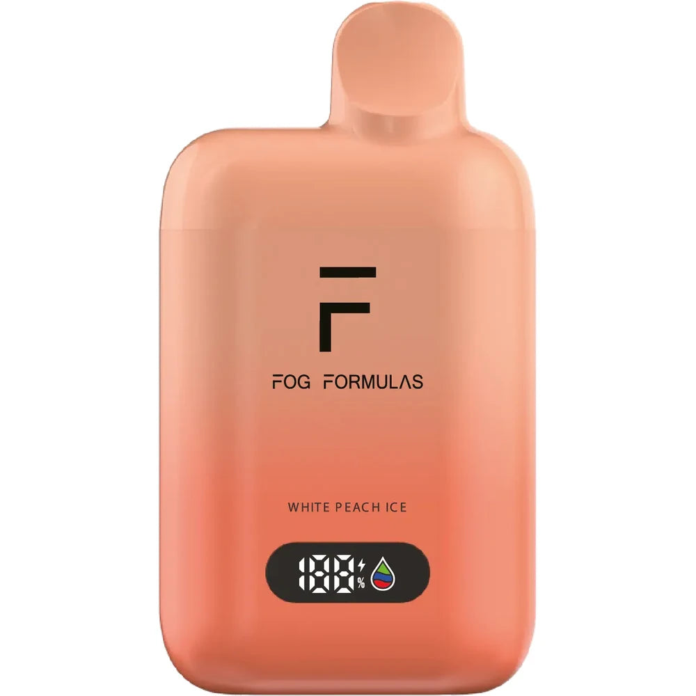 A peach-colored Fog Formulas 15000 X White Peach Ice disposable vape featuring a digital display screen and the Fog Formulas logo on a plain white background.