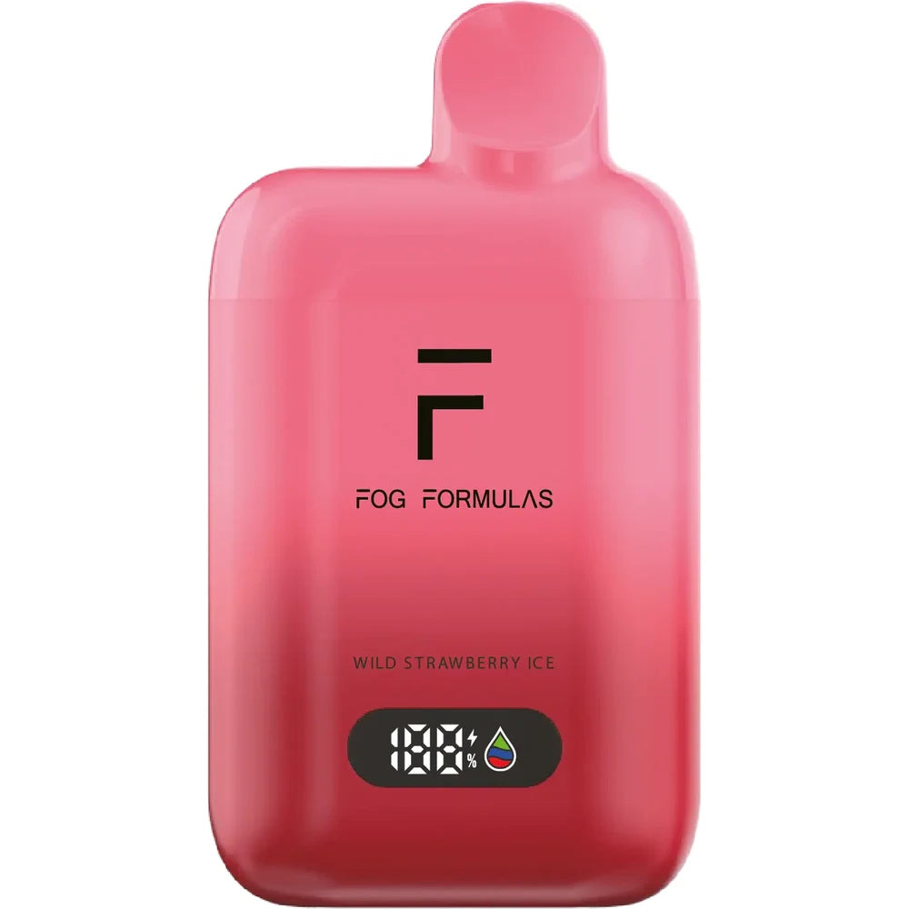 A pink and red gradient Fog Formulas 15000 X Wild Strawberry Ice disposable vape featuring a digital display screen and black text.