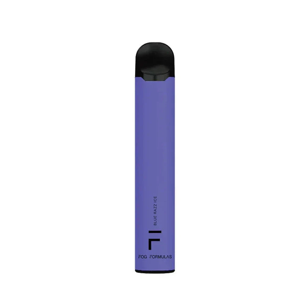 A purple Fog Formulas 1600 Blue Razz Ice disposable vape pen with a black mouthpiece and base, featuring the Fog Formulas logo and Blue Razz Ice text on the side.