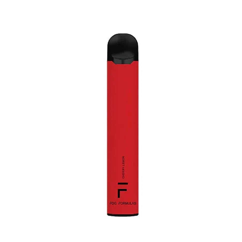 A red Fog Formulas 1600 Cherry Lemon disposable vape with a black mouthpiece and base, featuring the Fog Formulas logo and Cherry Lemon text on the side.
