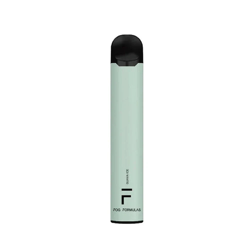 A light green Fog Formulas 1600 Guava Ice disposable vape with a black mouthpiece and base, featuring the Fog Formulas logo and Guava Ice text on the side.
