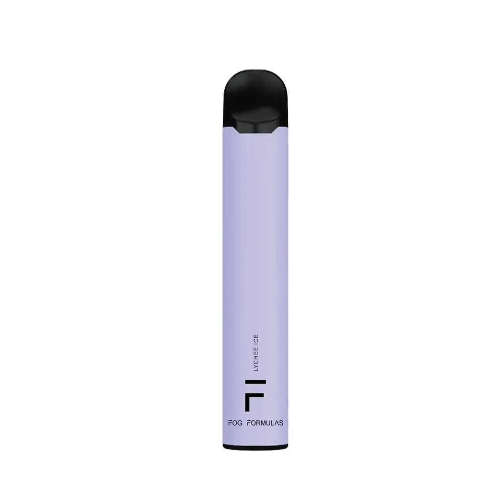A light purple Fog Formulas 1600 Lychee Ice disposable vape pen with a black