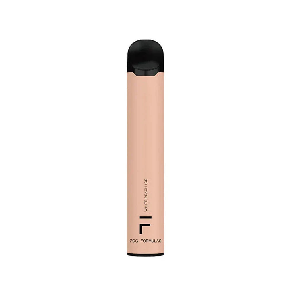 A peach-colored Fog Formulas 1600 White Peach Ice disposable vape pen with a black mouthpiece and base, featuring the brand logo and flavor name printed vertically on the side.