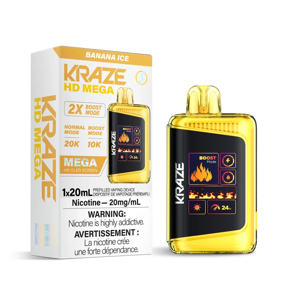 Kraze HD Mega 20k Banana Ice disposable vape featuring a yellow translucent body with a large OLED screen displaying boost mode and fire graphics, positioned next to its white and yellow retail packaging.