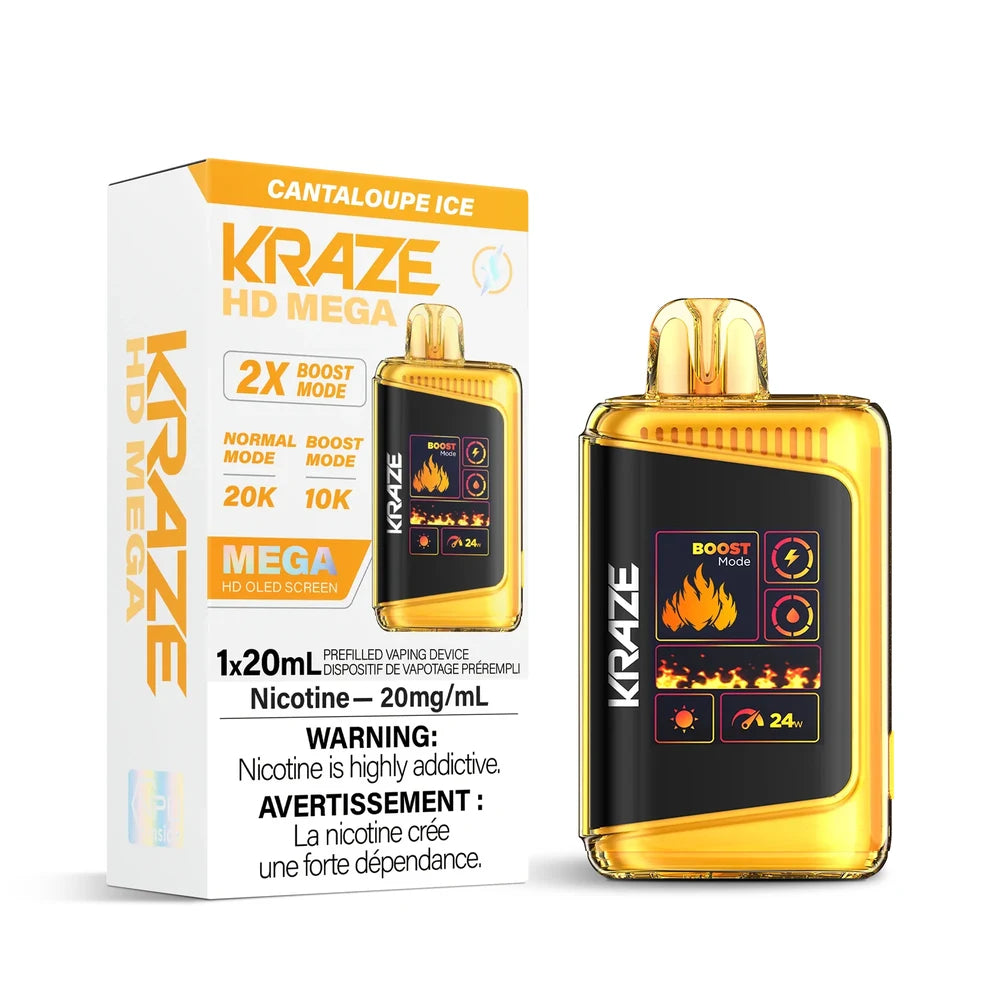 Kraze HD Mega 20k Cantaloupe Ice disposable vape featuring a gold and black device with an HD OLED screen next to its white and orange packaging.
