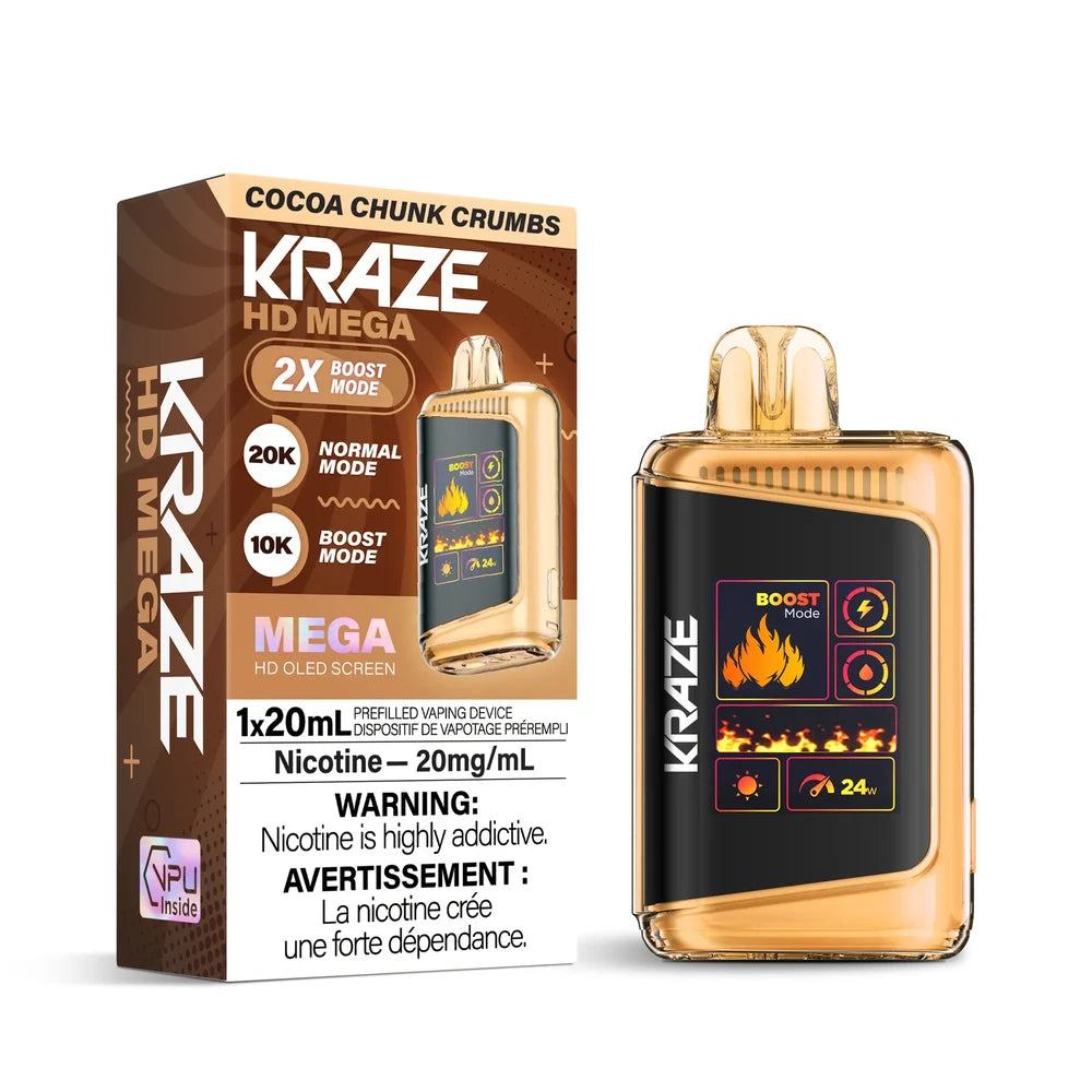 Kraze HD Mega 20k Cocoa Chunk Crumbs disposable vape featuring a gold-colored device with a large OLED screen next to its brown and white retail packaging.