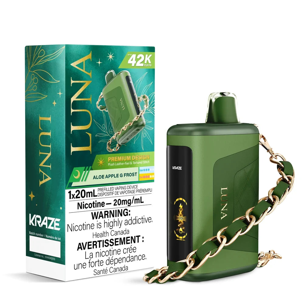 Kraze Luna Aloe Apple G Frost disposable vape device with a green leather-textured finish and gold chain strap, shown next to its matching teal and gold packaging.