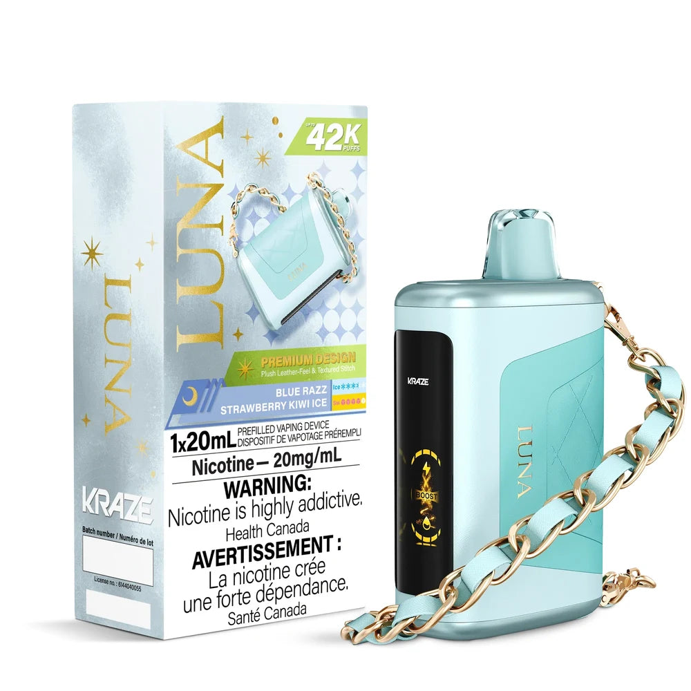 Kraze Luna Blue Razz Strawberry Kiwi Ice disposable vape featuring a light blue leather-textured device with a gold chain strap next to its matching white and gold packaging.