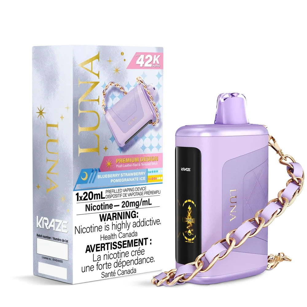 Kraze Luna Blueberry Strawberry Pomegranate Ice disposable vape device and packaging featuring a light purple leather-textured body with a gold chain strap and a digital display screen.
