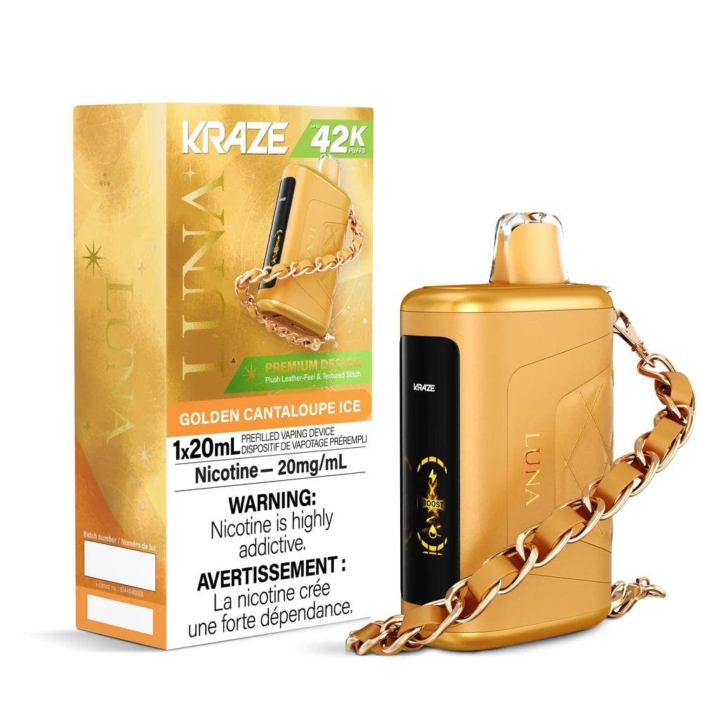 Kraze Luna Golden Cantaloupe Ice disposable vape featuring a gold leather-textured device with a matching chain strap next to its gold and white packaging.