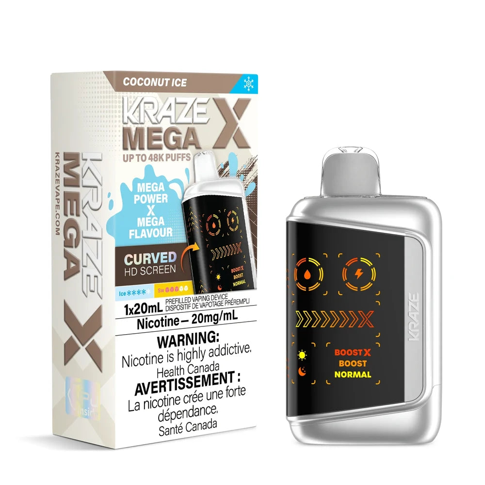 Kraze Mega X Coconut Ice disposable vape with its silver metallic device and retail packaging featuring a curved HD screen displaying boost mode settings and nicotine warnings.