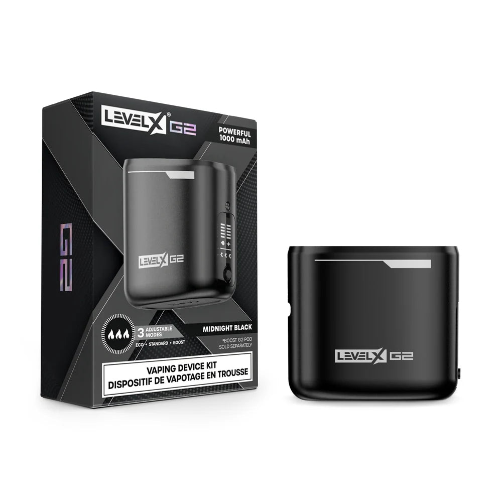 A Level X Boost G2 vaping device in midnight black is shown next to its product packaging, which features the brand name, a 1000 mAh battery specification, and a diagram indicating three adjustable power modes.
