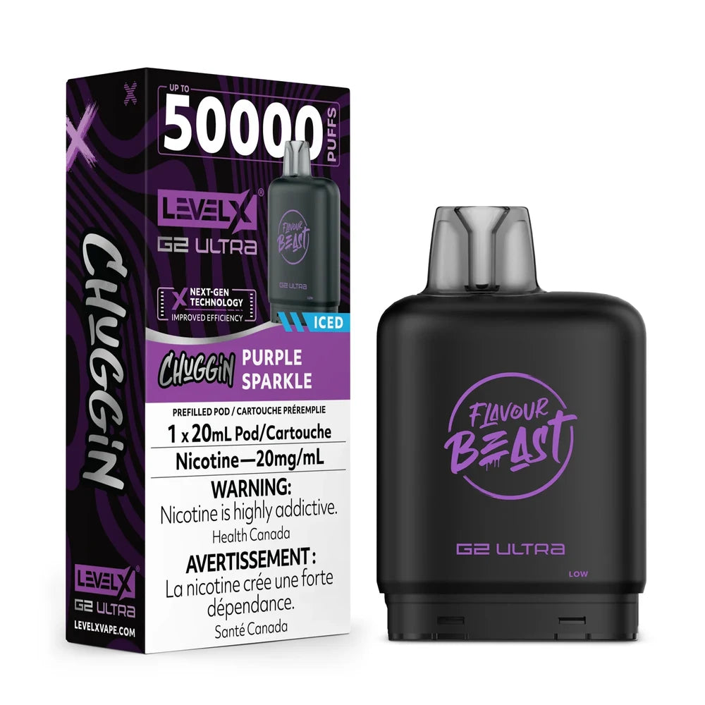 A black Level X G2 Ultra vape pod sits next to its purple and black retail packaging, which features the text Chuggin Purple Sparkle, 50000 Puffs, and nicotine warning labels.