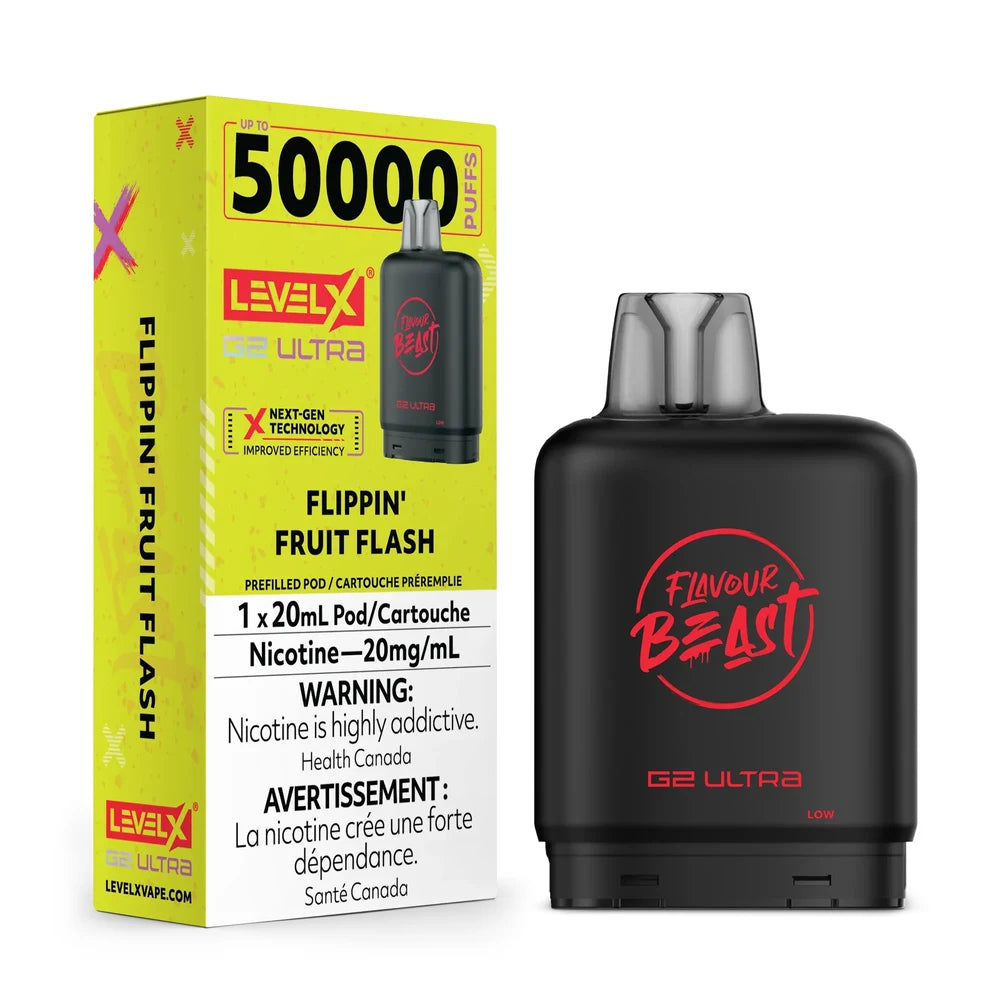 A Level X G2 Ultra Flippin' Fruit Flash vape pod stands next to its yellow and black retail box, which displays the 50,000 puff count, nicotine warning, and product branding against a plain white background.