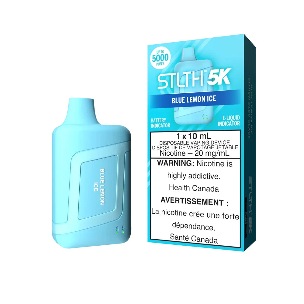 STLTH 5K Blue Lemon Ice disposable vape device and its light blue packaging featuring product details and a nicotine warning label.