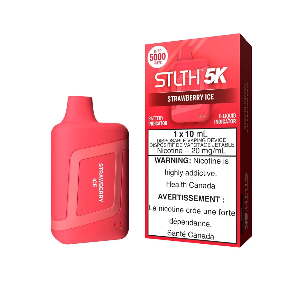 STLTH 5K Strawberry Ice disposable vape device and its red packaging featuring product details and a nicotine warning label.