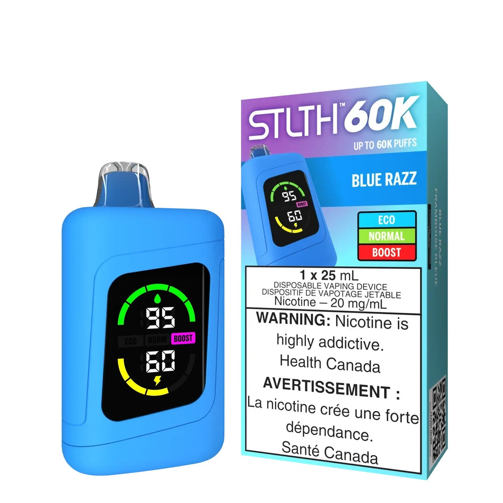 STLTH 60K Blue Razz disposable vape device and its retail packaging featuring a digital screen with battery and liquid indicators.