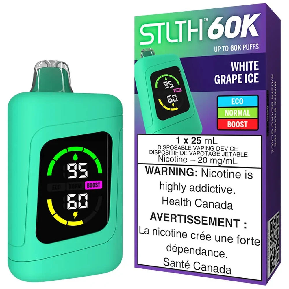 A mint green STLTH 60K White Grape Ice disposable vape device with a digital screen showing