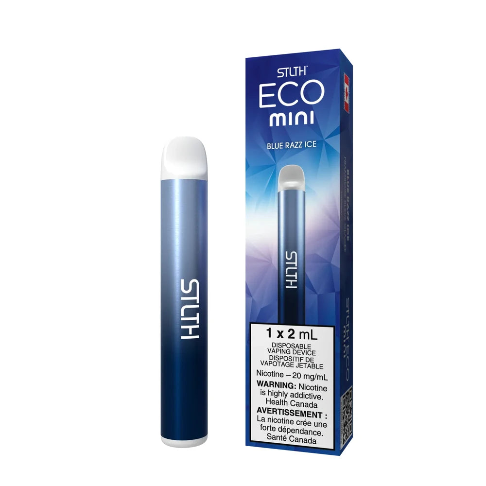STLTH ECO MINI Blue Razz Ice disposable vape featuring a metallic blue gradient cylindrical device next to its blue geometric patterned box.