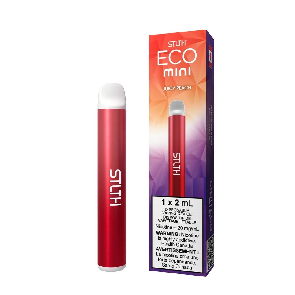 STLTH ECO MINI Juicy Peach disposable vape featuring a metallic red cylindrical device with a white mouthpiece next to its orange and purple geometric patterned packaging.