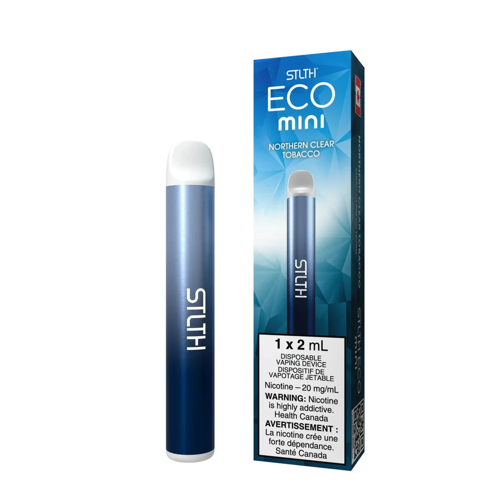 STLTH ECO MINI Northern Clear Tobacco disposable vape featuring a blue gradient metallic device standing next to its matching blue geometric patterned box.
