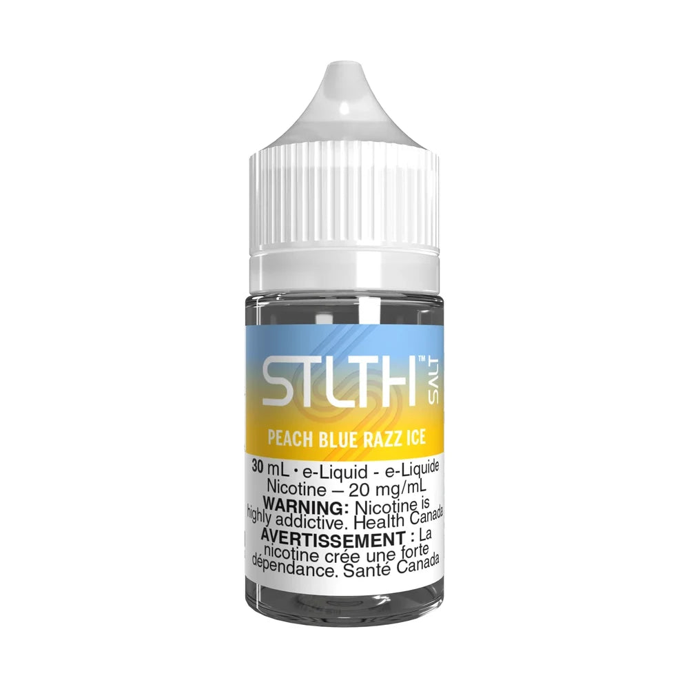 A 30mL bottle of STLTH Salt Peach Blue Razz Ice e-liquid featuring a white child-resistant cap and a blue and yellow label with 20 mg/mL nicotine strength and health warnings.