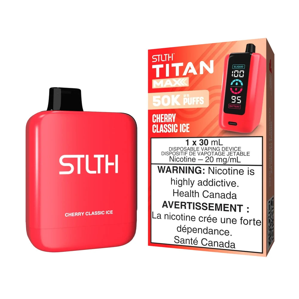 A red STLTH Titan Max 50K Cherry Classic Ice disposable vape device stands next to its orange and red packaging, featuring a digital display for e-liquid and battery levels.