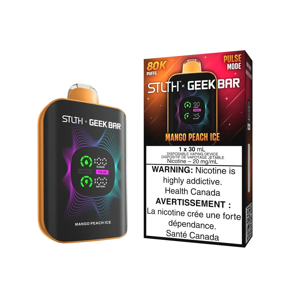STLTH x GEEK BAR 80K Mango Peach Ice disposable vape device and its retail packaging featuring a digital display screen, orange trim, and nicotine warning labels.