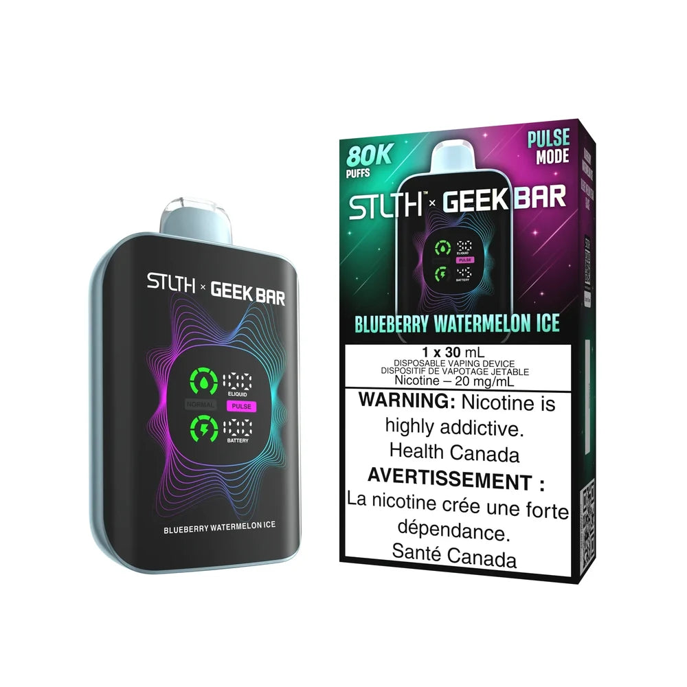 STLTH x Geek Bar 80K Blueberry Watermelon Ice disposable vape and its packaging featuring a digital display screen, purple and teal wave graphics, and a Health Canada nicotine warning label.