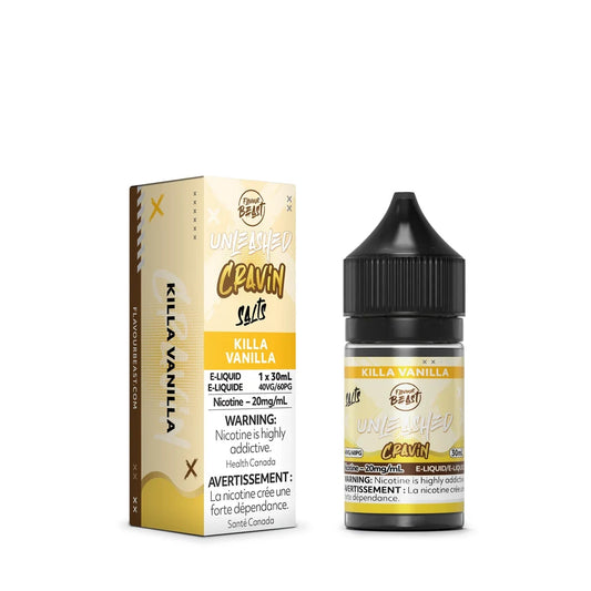 A 30mL bottle and matching box of Flavour Beast Unleashed Cravin Killa Vanilla nicotine salts e-liquid featuring yellow and cream packaging with a black child-resistant cap.