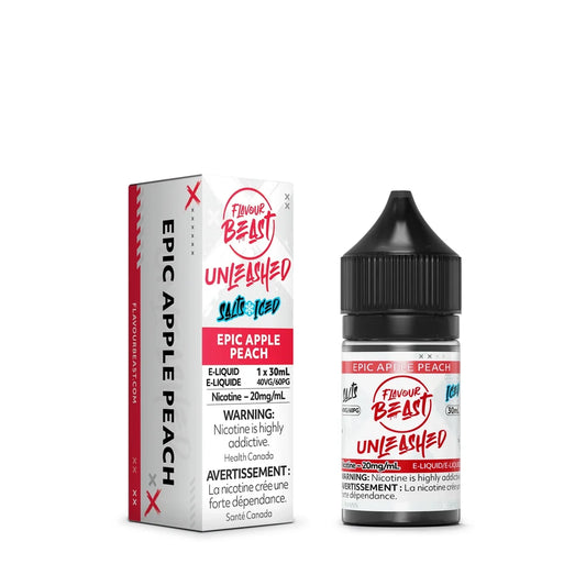 A 30mL bottle and matching box of Flavour Beast Unleashed Epic Apple Peach Iced nicotine salt e-liquid featuring red and white branding with a black child-resistant cap.