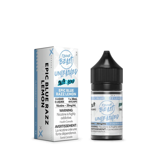 A 30mL bottle and cardboard box of Flavour Beast Unleashed Epic Blue Razz Lemon Iced salt nicotine e-liquid featuring white, blue, and black packaging with health warning labels.