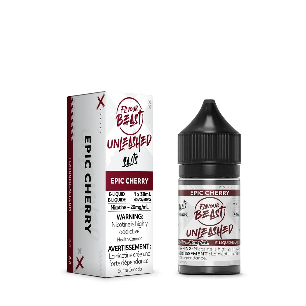 A 30ml bottle and cardboard box of Flavour Beast Unleashed Salts Epic Cherry e-liquid featuring white and maroon packaging with bold black text and a nicotine warning label.