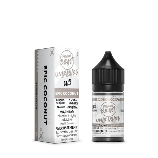A 30mL bottle and matching white box of Flavour Beast Unleashed Epic Coconut salt nicotine e-liquid featuring black and grey branding with health warning labels.