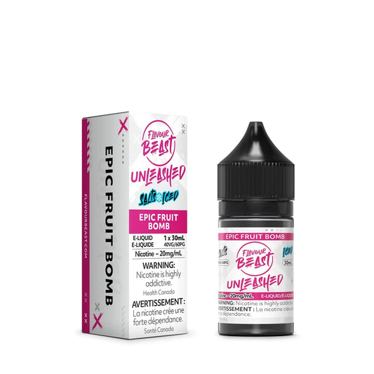 A 30mL bottle and cardboard box of Flavour Beast Unleashed Epic Fruit Bomb Iced salt nicotine e-liquid featuring white, pink, and black packaging with a health warning label.