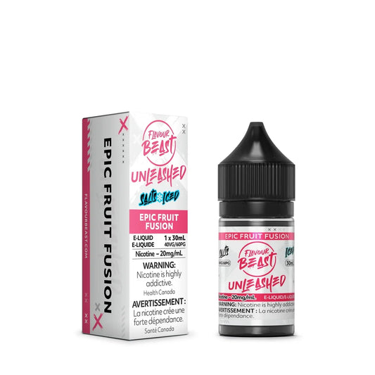 A 30mL bottle and matching box of Flavour Beast Unleashed Epic Fruit Fusion Iced salt nicotine e-liquid featuring white and pink packaging with bold black text.