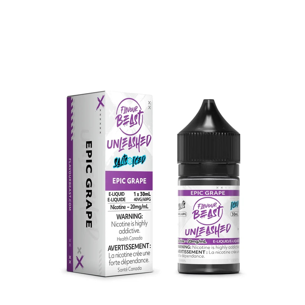 A 30mL bottle and matching cardboard box of Flavour Beast Unleashed Epic Grape Iced salt nicotine e-liquid featuring purple and white branding with prominent health warning labels.