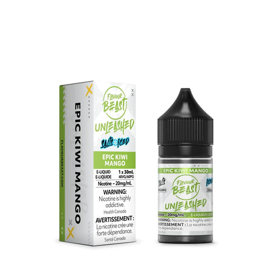 A 30mL bottle and matching cardboard box of Flavour Beast Unleashed Epic Kiwi Mango Iced nicotine salts e-liquid, featuring green and white branding with a black child-resistant cap.