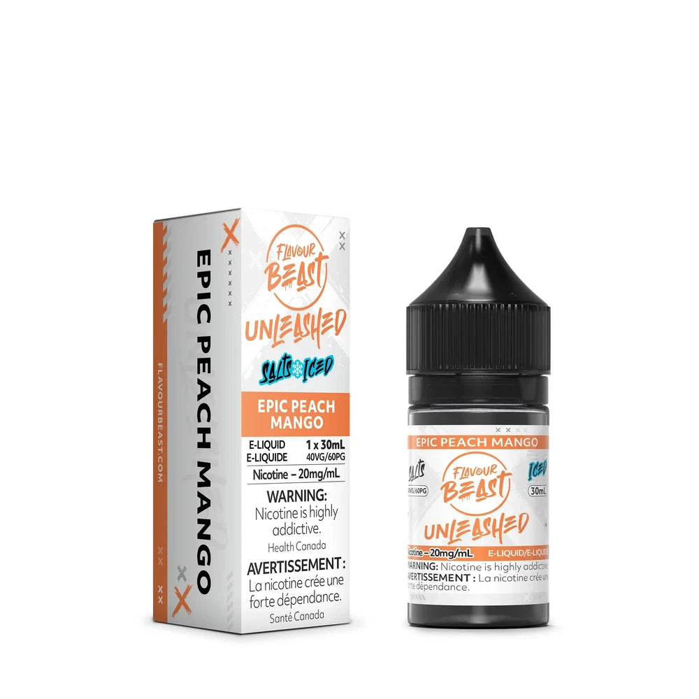A 30mL bottle and cardboard box of Flavour Beast Unleashed Epic Peach Mango Iced nicotine salts e-liquid featuring orange and white branding with a black child-resistant cap.