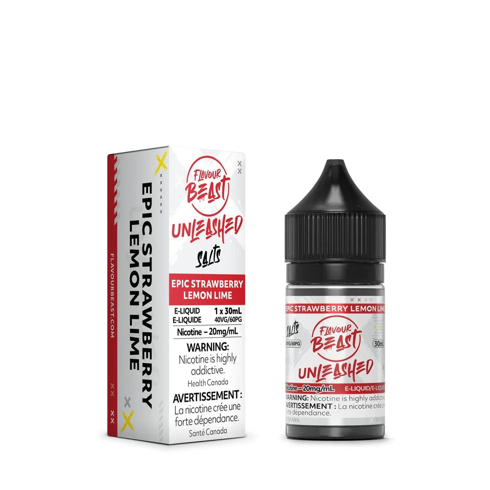 A 30mL bottle and cardboard box of Flavour Beast Unleashed Salts Epic Strawberry Lemon Lime e-liquid featuring white and red packaging with bold black text and a black child-resistant cap.