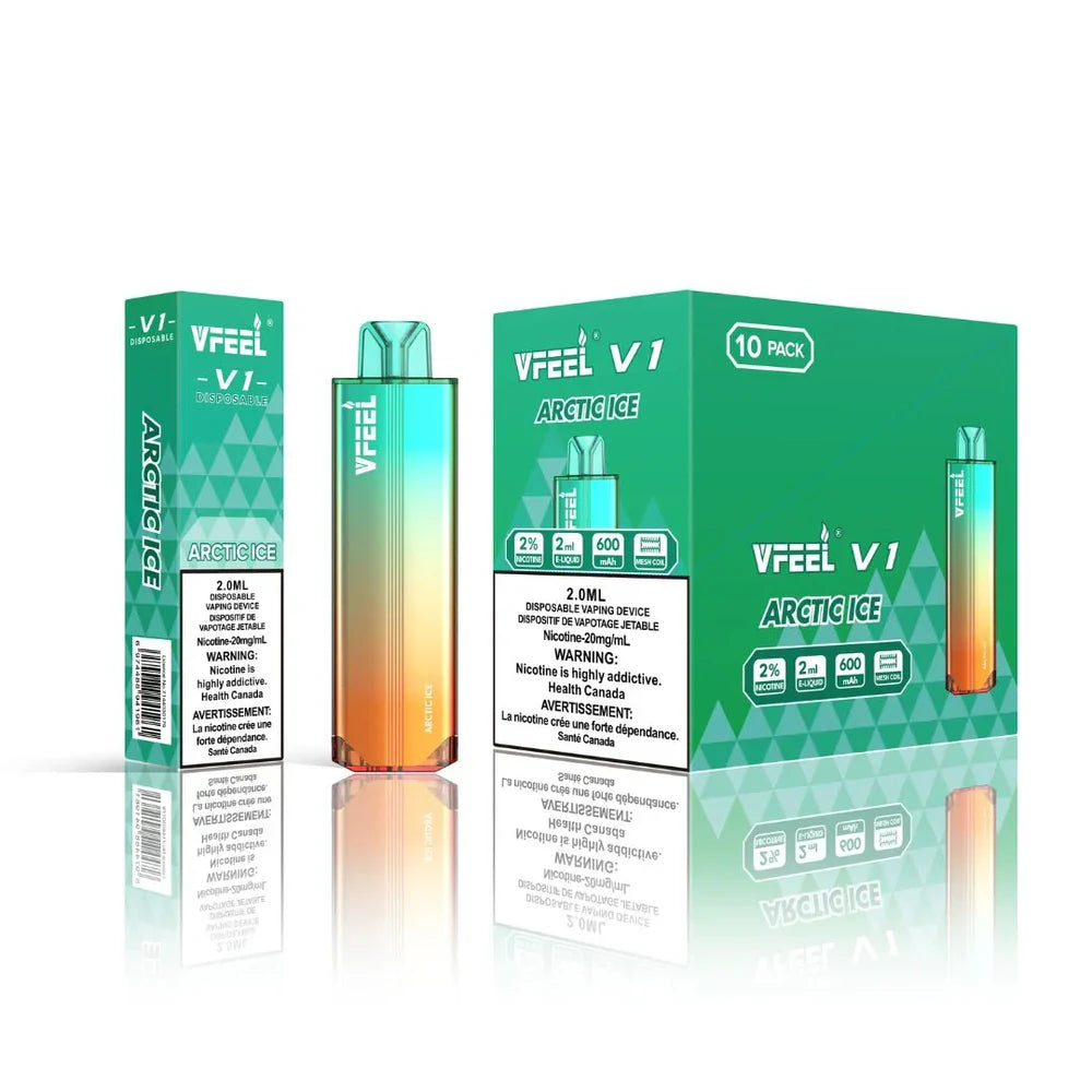 VFEEL V1 Arctic Ice disposable vape device with a gradient orange and teal finish shown alongside its individual teal packaging and a 10-pack display box on a reflective white surface.