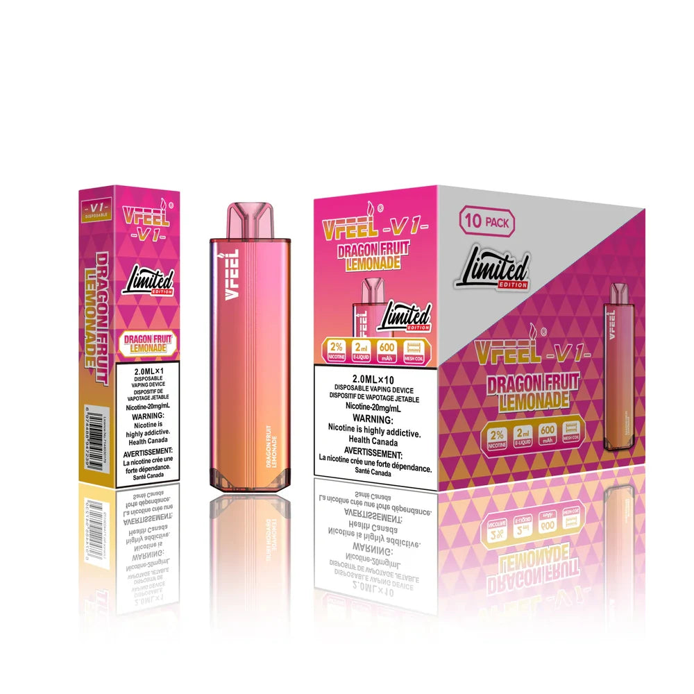 VFEEL V1 Dragon Fruit Lemonade disposable vape device in a pink and orange gradient finish shown alongside its individual box and a 10-pack display carton featuring limited edition branding.