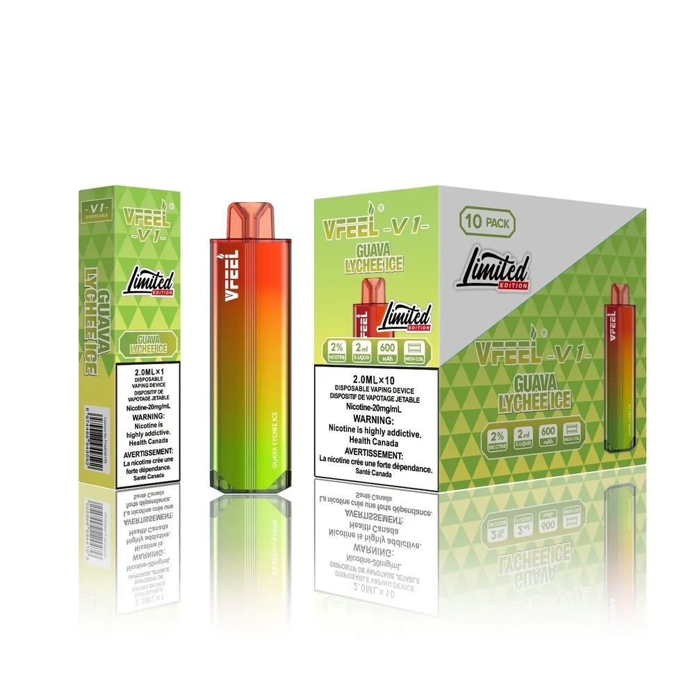 VFEEL V1 Guava Lychee Ice disposable vape with a gradient orange and green body shown alongside its single unit and 10-pack limited edition packaging featuring health warnings and product specifications.